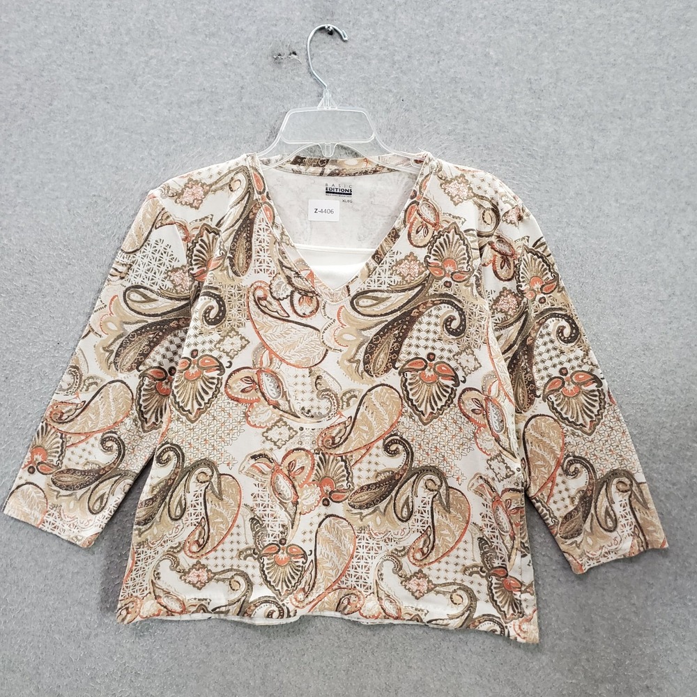Basic Editions Girls Top XL Beige Paisley T-Shirt Long Sleeve‎ V Neck